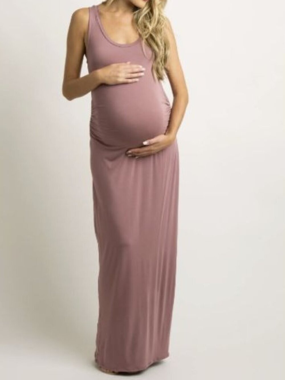PinkBlush Mauve Sleeveless Fitted Maternity Maxi Dress Scoop Neck Tank Small